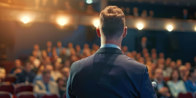 Un uomo d'affari che pronuncia un discorso motivazionale ad un evento aziendale