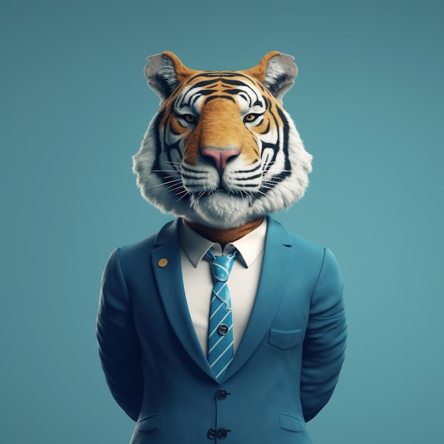 Un uomo d'affari con la maschera della tigre è su uno sfondo blu