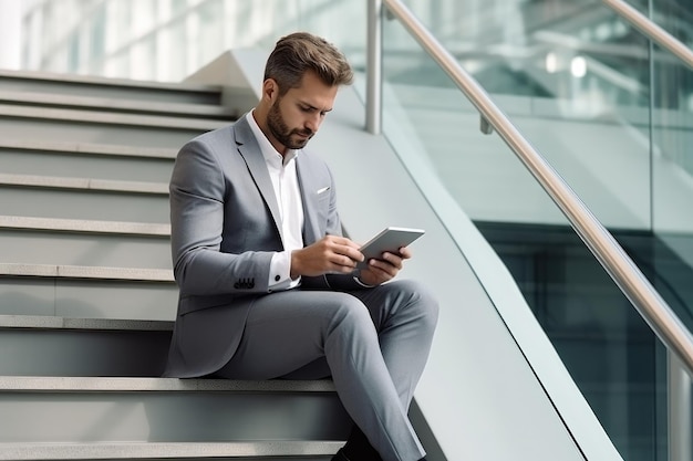 Un uomo d'affari con un tablet è seduto sulle scale.