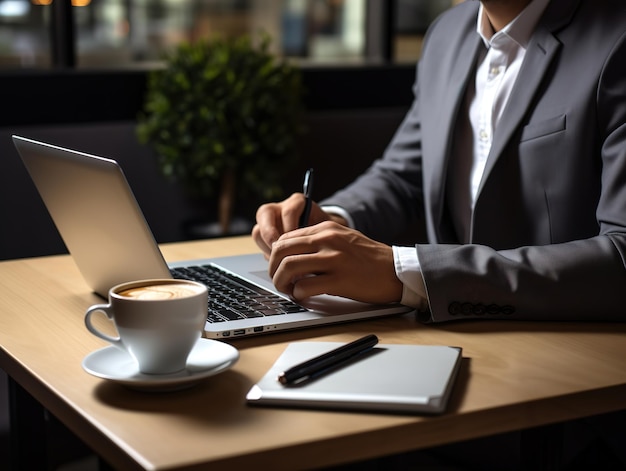 Un uomo d'affari con una matita in mano sta lavorando sulla tastiera di un laptop in un ufficio moderno