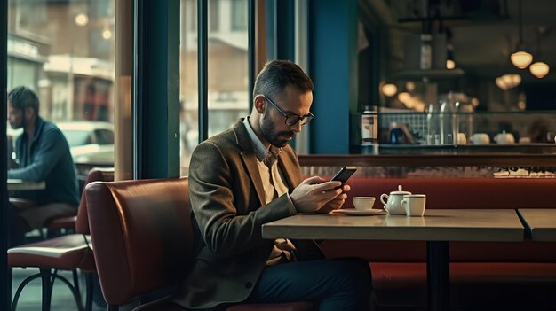 Un uomo d'affari di mezza età è seduto a un tavolo in un bar e controlla il suo telefono Creato con la tecnologia generativa dell'IA