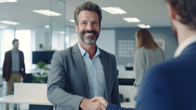 Un uomo d'affari di mezza età sorridente stringe la mano a un socio che conclude un accordo di collaborazione in partenariato.