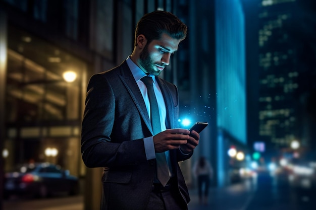 Un uomo d'affari di notte che usa il telefono in città notturna con AI generativa
