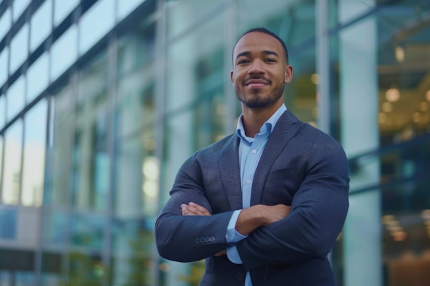 Un uomo d'affari di razza mista sorridente in piedi con le braccia incrociate davanti a un edificio per uffici