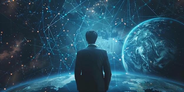 Un uomo d'affari dimostra una tecnologia futuristica con grafiche virtuali della connettività globale a Internet e dell'intelligenza artificiale Concept Virtual Technology Global Connectivity