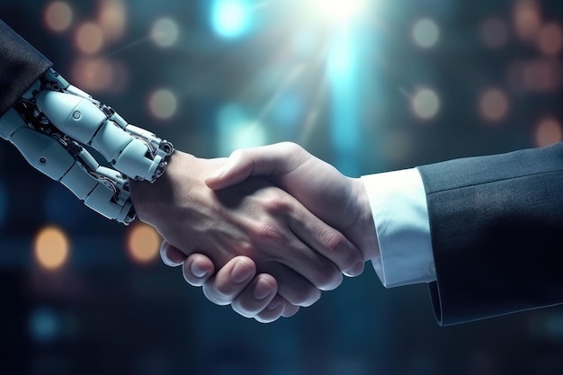 Un uomo d'affari e un robot si stringono la mano in un incontro d'ufficio Generative Ai