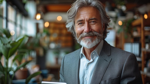 Un uomo d'affari felice, sorridente, di mezza età, direttore generale in abito, in piedi in ufficio.