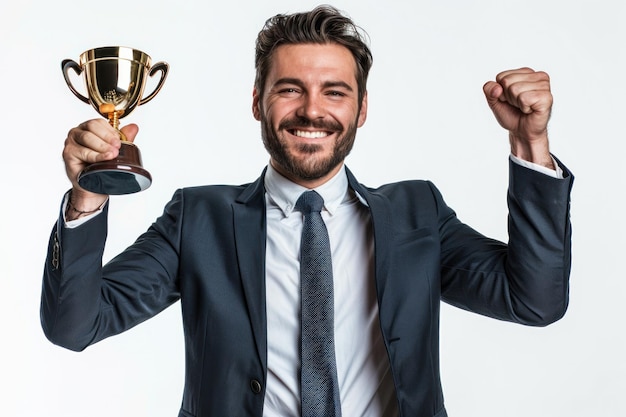 Un uomo d'affari fiducioso in abito che celebra il successo con un trofeo d'oro su uno sfondo bianco