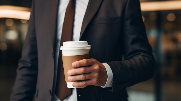 Un uomo d'affari in abito con una tazza di caffè