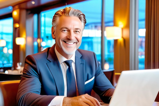 un uomo d'affari in abito da lavoro blu è seduto a un tavolo con un portatile e sorride