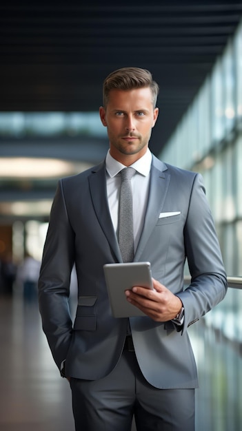 Un uomo d'affari in abito grigio con un tablet in mano