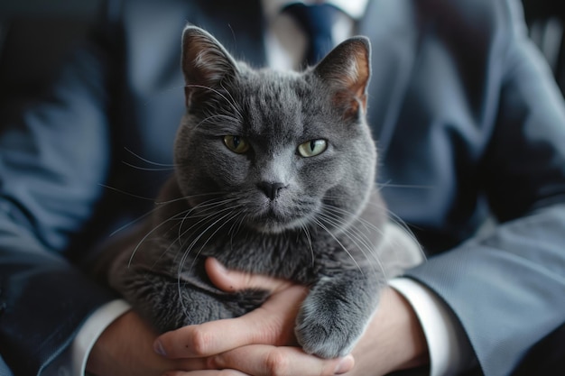 Un uomo d'affari in abito si diverte a lavorare con il suo gatto a righe sulla scrivania