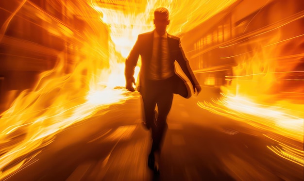 Un uomo d'affari in fiamme che corre con un senso di urgenza e fretta