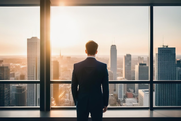 Un uomo d'affari in giacca e cravatta sta alle finestre panoramiche guarda la città dai grattacieli