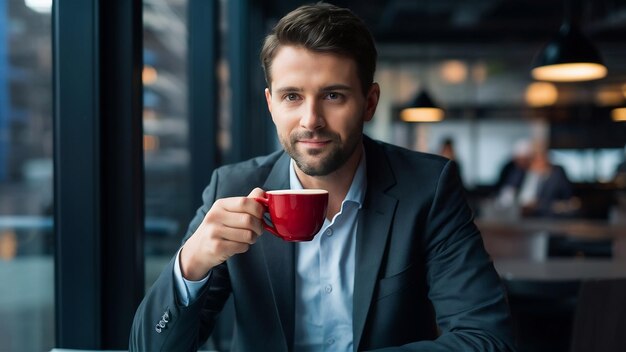 Un uomo d'affari in pausa caffè che tiene in mano una tazza rossa.