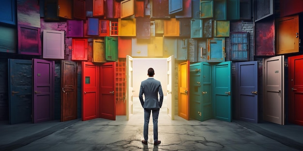 Un uomo d'affari in piedi davanti a diverse porte con colori diversi Generative Ai