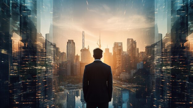 Un uomo d'affari in piedi sullo sfondo di un'alba vibrante la sua silhouette si fonde perfettamente con gli imponenti grattacieli di una vivace metropoli