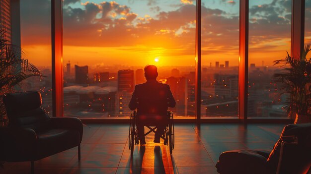 Un uomo d'affari in sedia a rotelle in un ufficio moderno, solo dopo una giornata impegnativa.