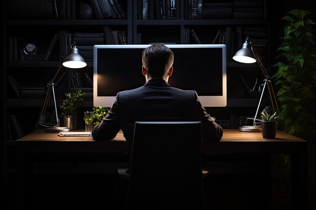 Un uomo d'affari in un abito leggero sta lavorando su un laptop