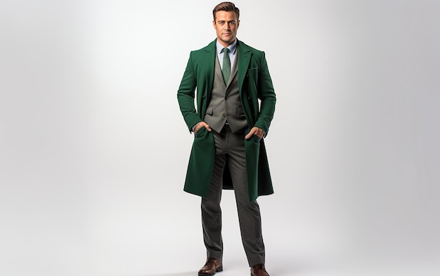 Un uomo d'affari in un cappotto verde con eleganza classica su sfondo bianco