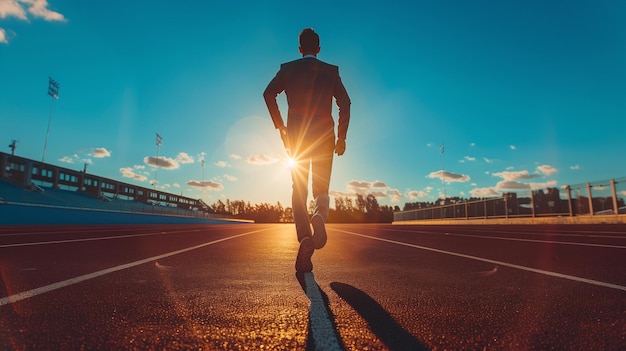 Un uomo d'affari in uno sprint su un campo di pista all'alba