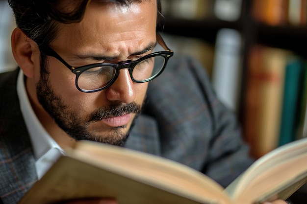 Un uomo d'affari latinoamericano che legge un libro in ufficio