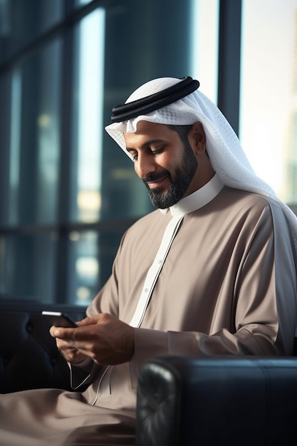 Un uomo d'affari saudita seduto con il cellulare e sorridendo concetto di persona di successo