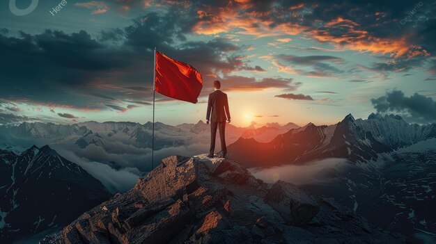 Un uomo d'affari scansiona la bandiera in cima a una montagna Generative Ai