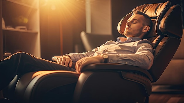 Un uomo d'affari si rilassa sulla poltrona massaggiante in soggiorno mentre fa un pisolino sulla poltrona massaggiante elettrica Generative Ai