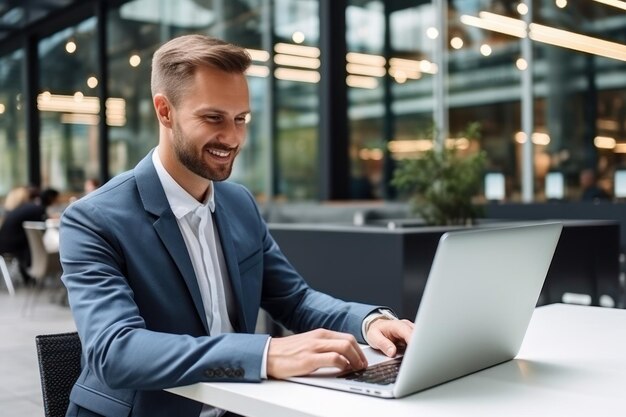 Un uomo d'affari sicuro che lavora sul suo laptop.