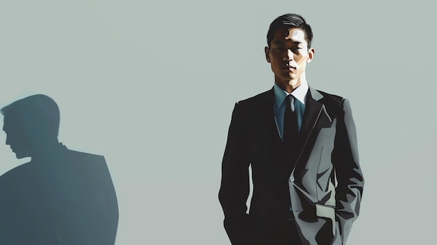 Un uomo d'affari sicuro in piedi di fronte a uno sfondo semplice indossa un abito scuro e una cravatta e ha un'espressione seria sul viso