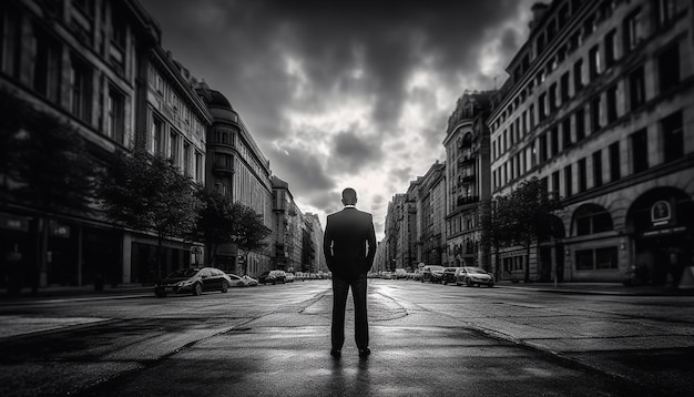 Un uomo d'affari solitario cammina per le strade della città circondato dall'architettura generata dall'intelligenza artificiale