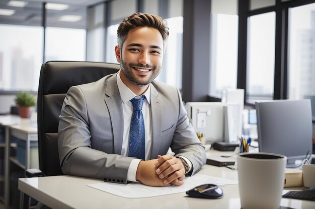 Un uomo d'affari sorridente alla scrivania dell'ufficio