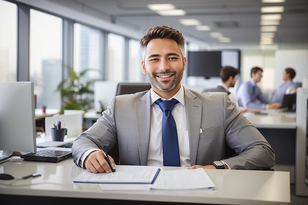 Un uomo d'affari sorridente alla scrivania dell'ufficio