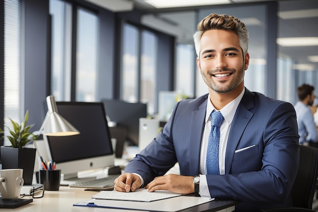 Un uomo d'affari sorridente alla scrivania dell'ufficio