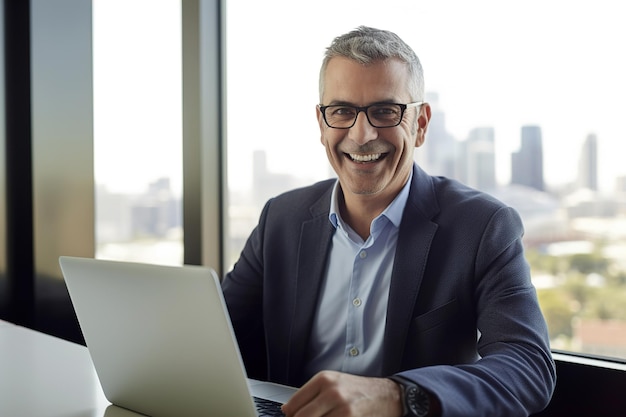 Un uomo d'affari sorridente sta lavorando su un computer portatile con vista panoramica sulla città generativa ai generativa ai