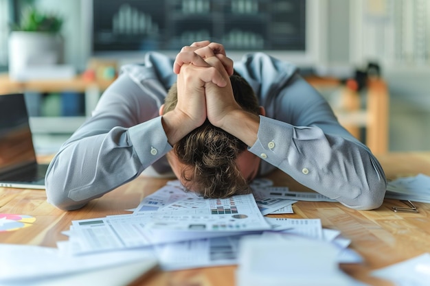 Un uomo d'affari stressato con la testa tra le mani a una scrivania disordinata