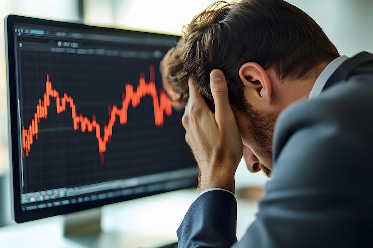 Foto un uomo d'affari stressato reagisce al crollo del mercato azionario il concetto di crisi finanziaria con il grafico in caduta