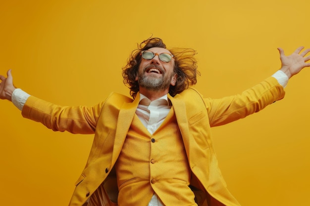 Un uomo d'affari trionfante celebra il successo in un abito giallo dorato brillante contro un monochrome