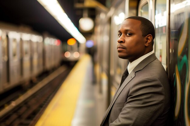 Un uomo d'affari urbano preparato al viaggio aspetta sulla piattaforma della metropolitana anticipando il polso della città una cattura candida della determinazione e della professionalità a New York