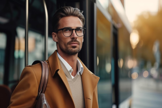 Un uomo d'affari va al lavoro in autobus.