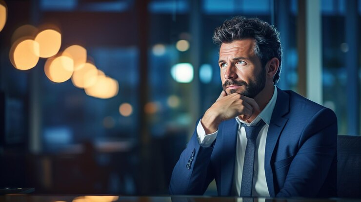Un uomo d'azienda riflessivo in una postura contemplativa circondato dal soffice bagliore del caldo ufficio