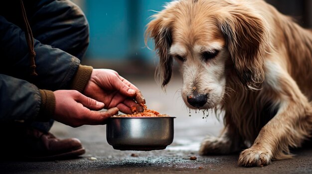 un uomo dà da mangiare a un cane di strada