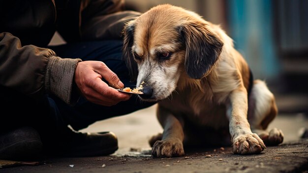 un uomo dà da mangiare a un cane di strada