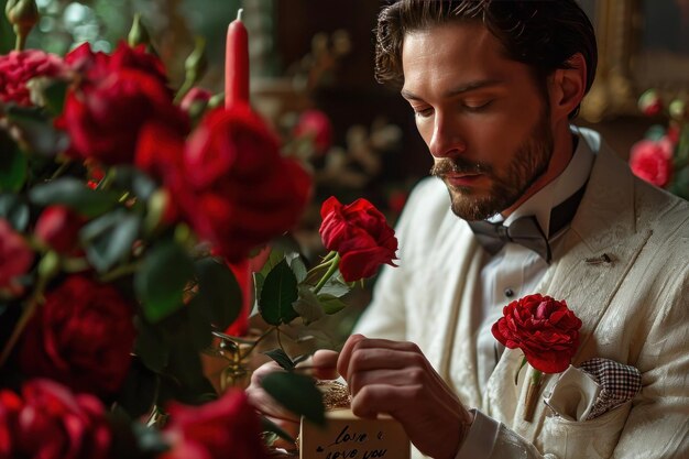 Un uomo dà un regalo e dei fiori a una donna il giorno di San Valentino