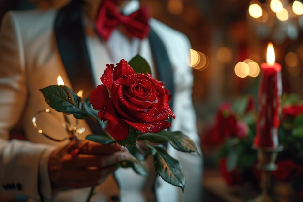 Un uomo dà un regalo e dei fiori a una donna il giorno di San Valentino