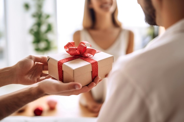 Un uomo dà una scatola con un regalo a una donna dettaglio Ai generato