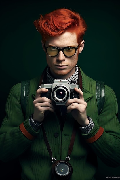 Un uomo dai capelli rossi elegante con una macchina fotografica d'epoca.