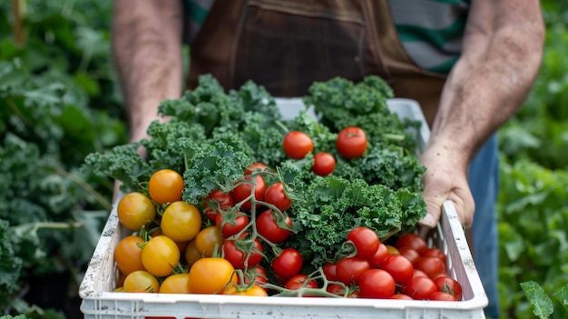 Un uomo danza graziosamente tenendo in mano una cassa piena di pomodori maturi e broccoli freschi