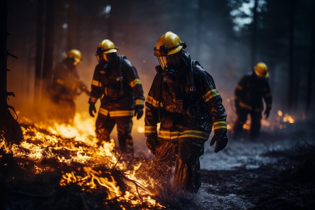 Un uomo dei vigili del fuoco Gli eroi in indumenti da lavoro protettivi combattono pericolose fiamme all'aperto